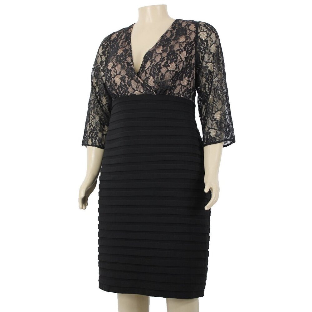 Adrianna Papell $208 Sz 20 Black Tan Lined Lace V Neck Nylon Polyester Dress